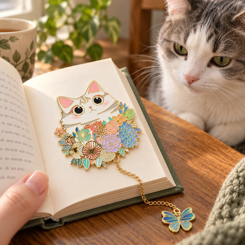 New cat floral metal bookmark - cat,